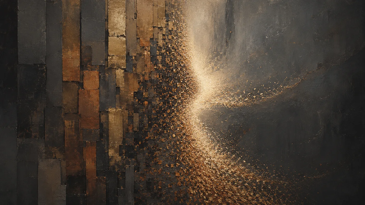 Abstract artwork of a thin bright channel cutting through a dark ledger-like field
