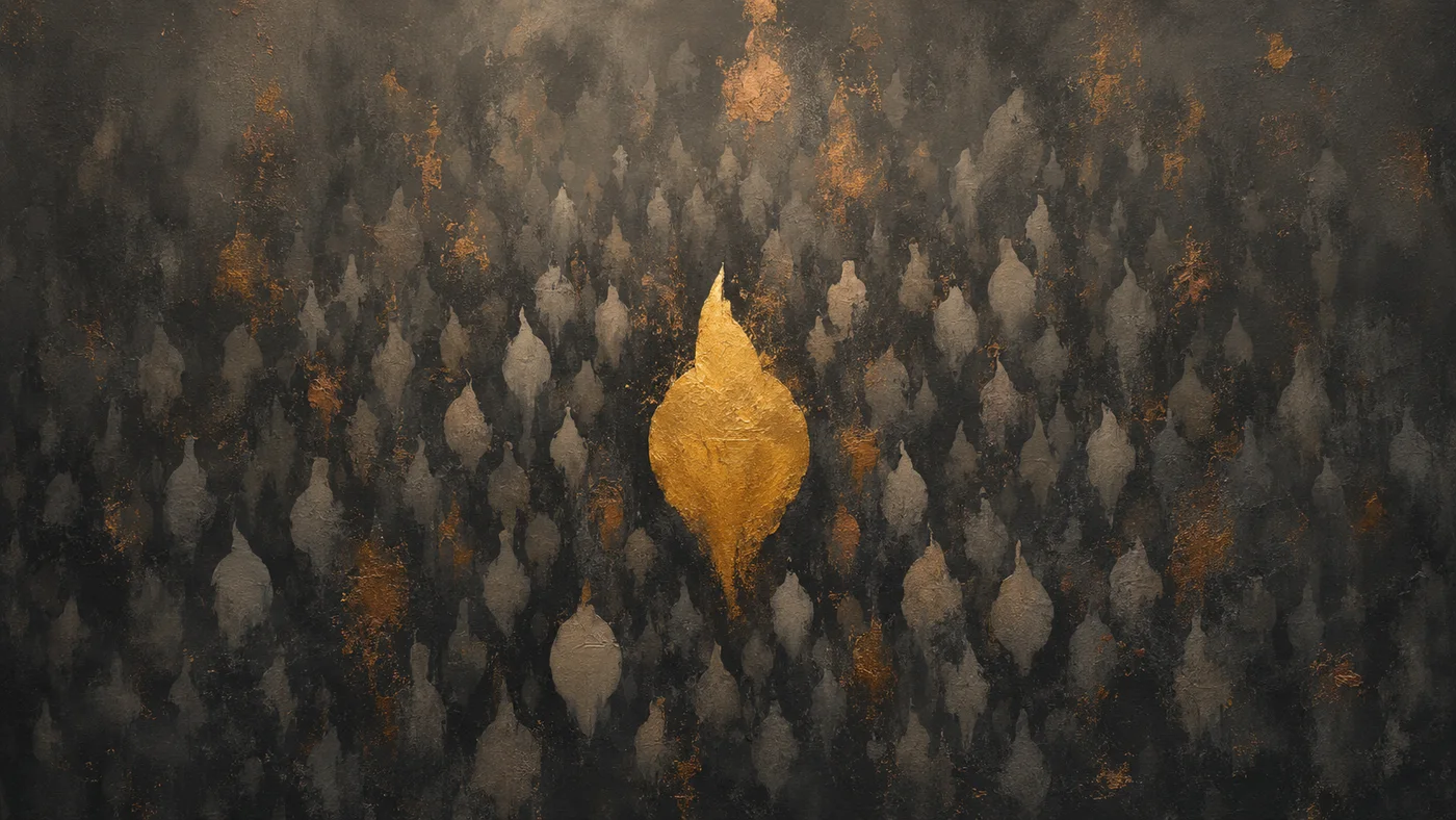 Abstract artwork of many small identical shapes fading while one bold shape strengthens