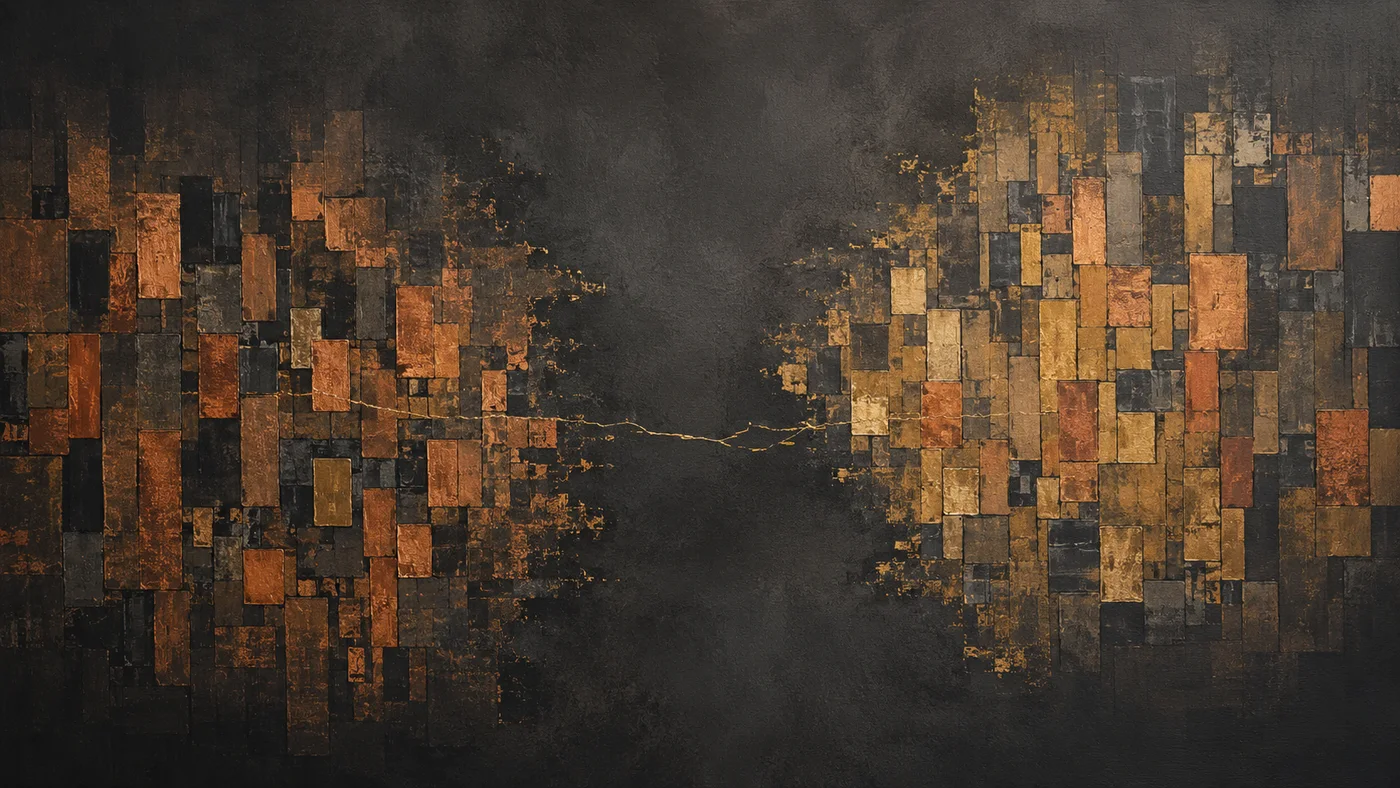 Abstract artwork of scattered fragments slowly aligning into a lattice