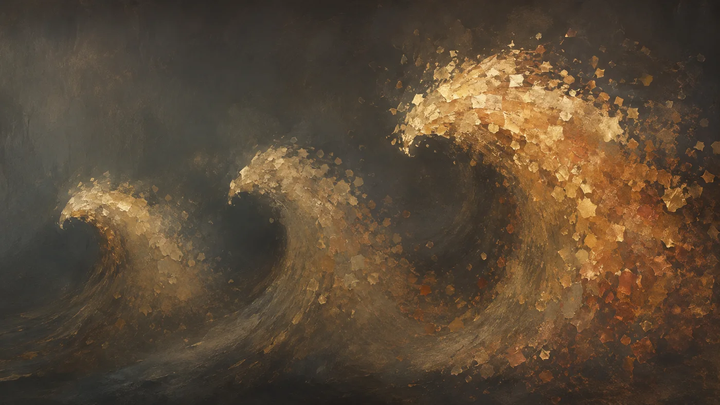 Abstract artwork of three successive waves of fragments crossing a dark field, each larger than the last